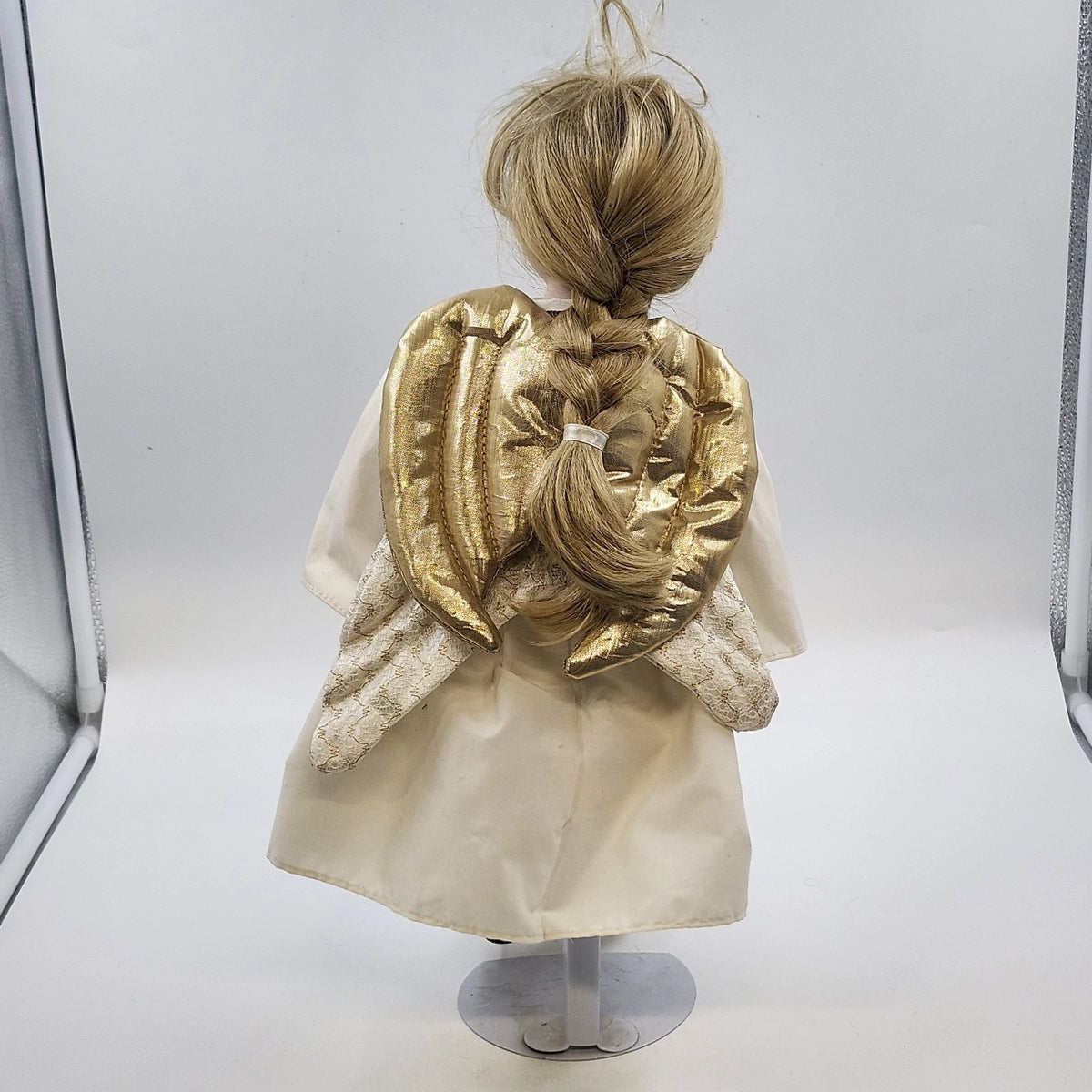 Porcelain Angel Doll Blonde White Robe Gold Wings Cross Stand 17" China Vintage