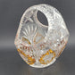 Cut Crystal Basket Amber Cut to Clear Etched Floral Handled 6" Vintage