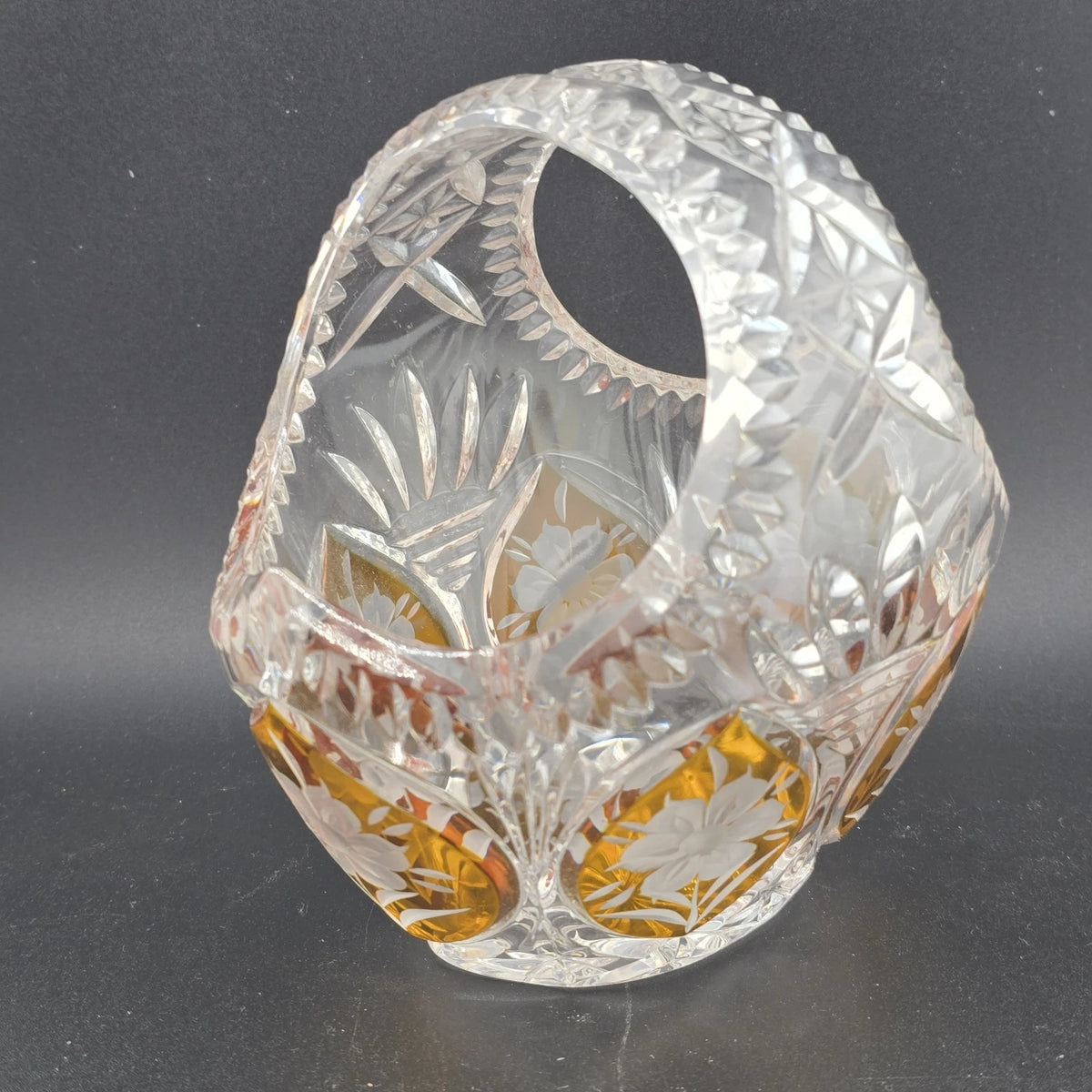 Cut Crystal Basket Amber Cut to Clear Etched Floral Handled 6" Vintage