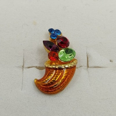 Gold Tone Multi Color Rhinestones Brown Enamel Cornucopia Brooch Lapel Tack Pin