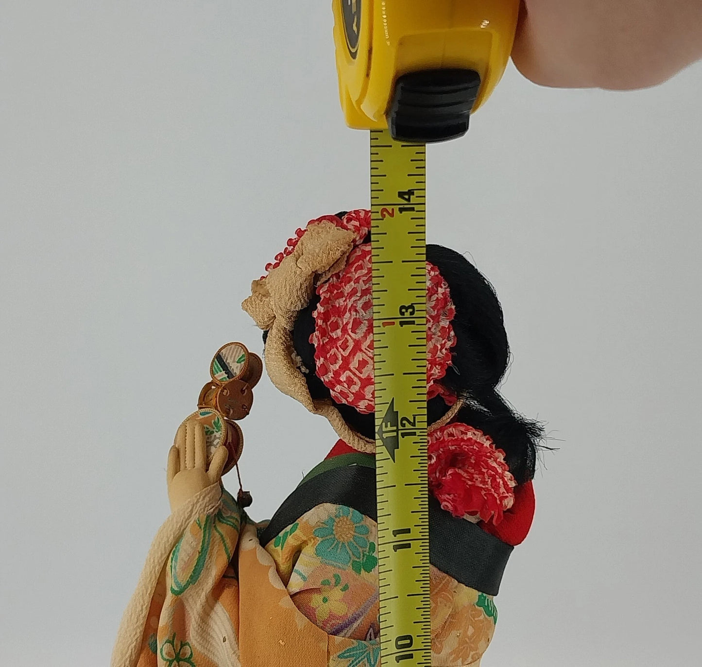 Japanese Geisha Doll 14" Wood Stand Noisemaker Drum Kimono Display Vintage