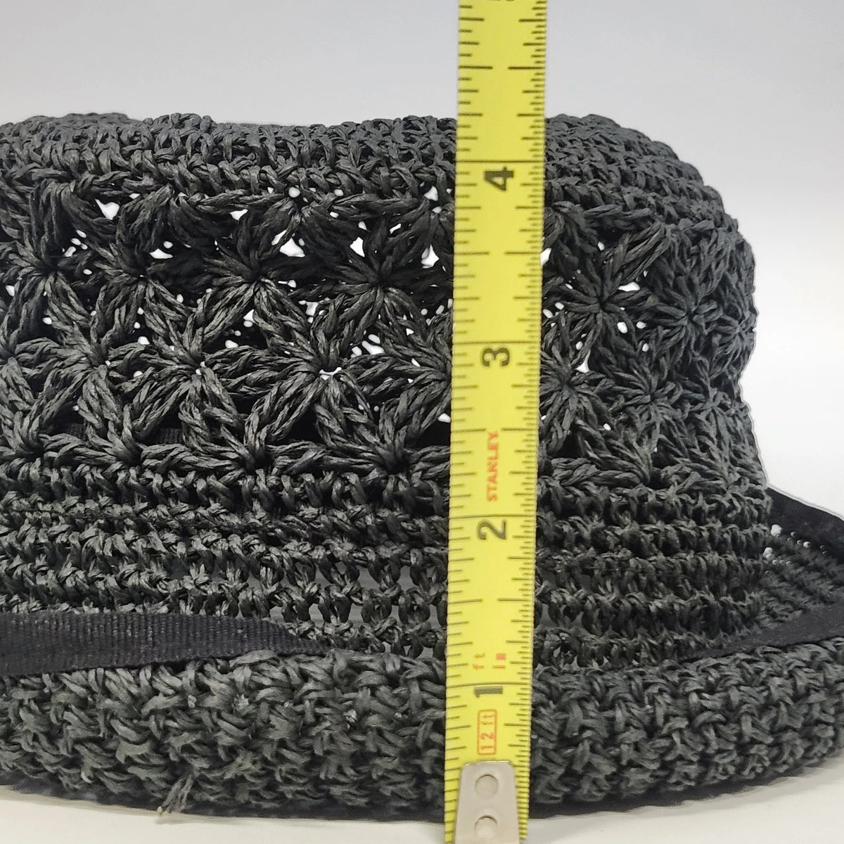 Signature Studio Women's Black Straw Hat Open Weave Floral Crochet Brim OSFM