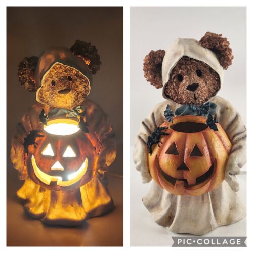 Lighted Teddy Bear Ghost Holding Jack-O-Lantern Spiders Bats Electric Halloween