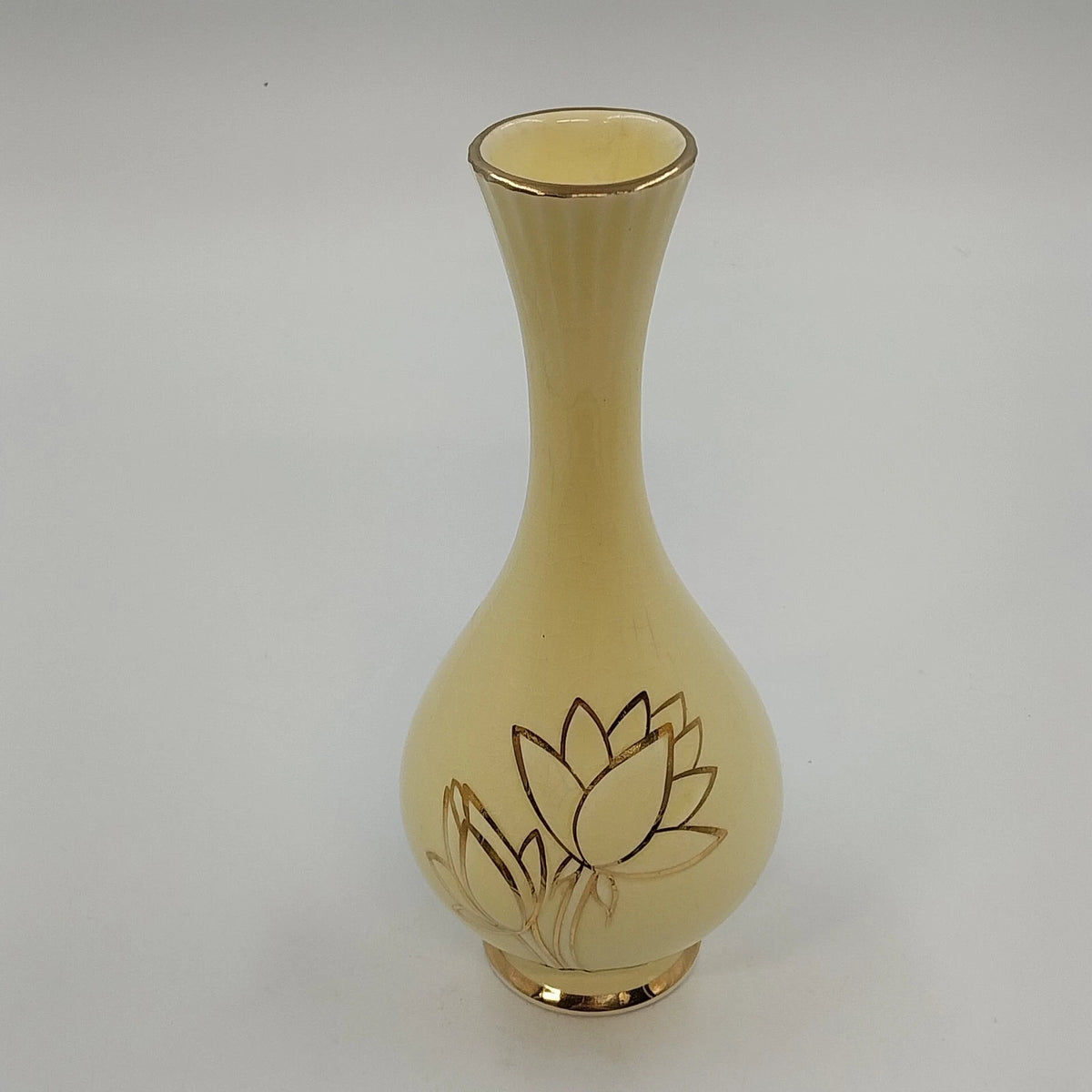 Golden Ware Bud Vase 22K Gold Lotus Floral Yellow Ceramic 9" Vtg Fluted Crazed