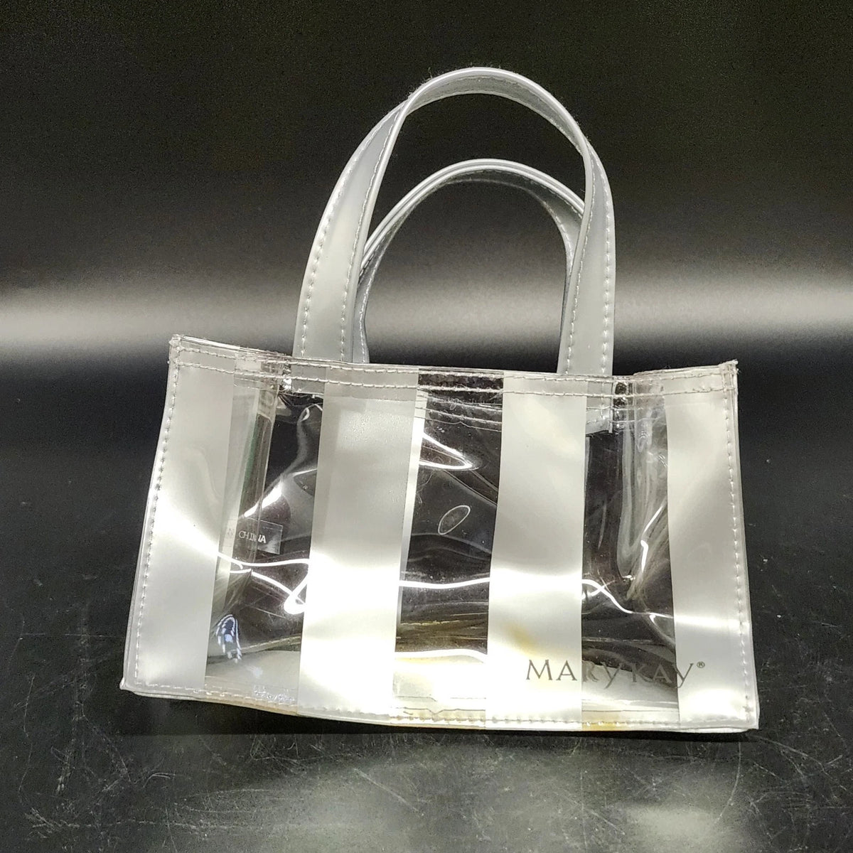 Mary Kay Clear Mini Tote Bag Silver Stripe Vinyl PVC Cosmetic Gift Bag 8"