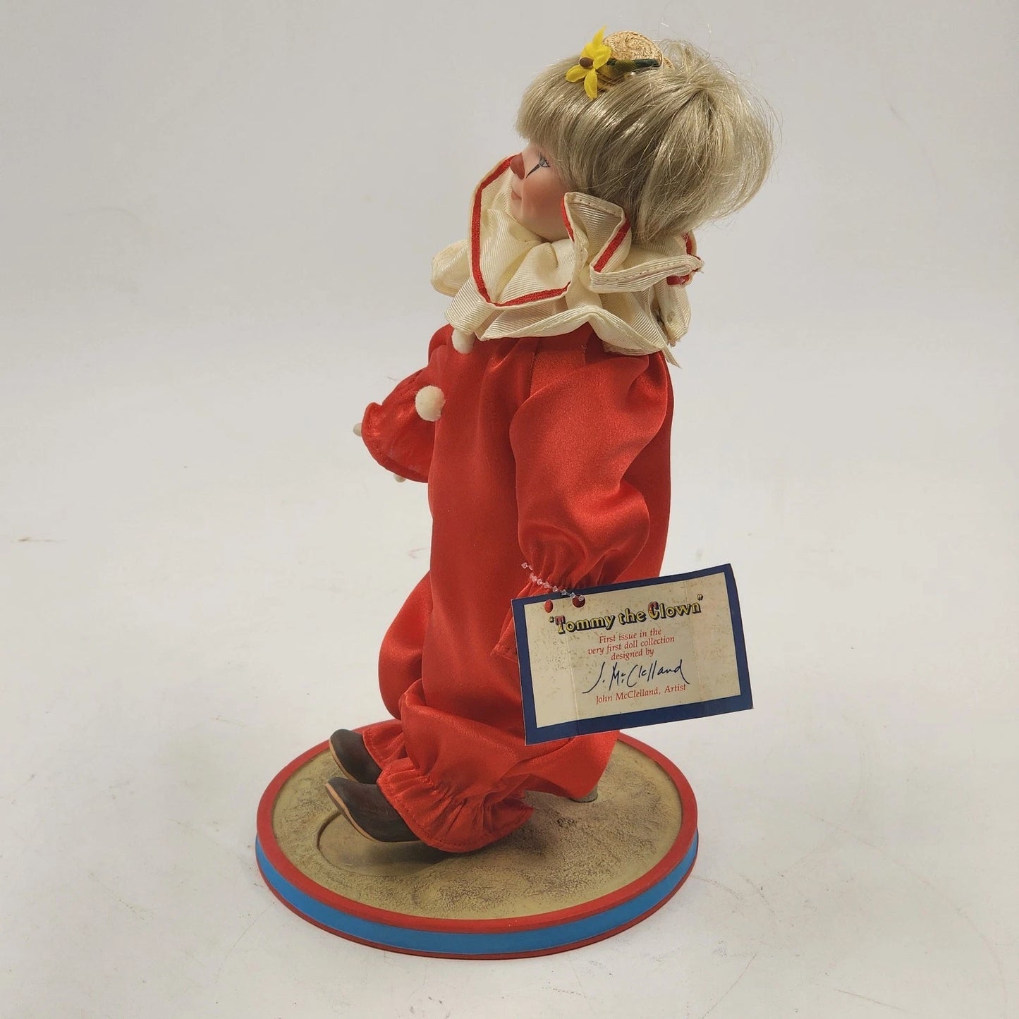 Tommy The Clown 11 Inch Porcelain Doll Blonde Hair with Ceramic Stand