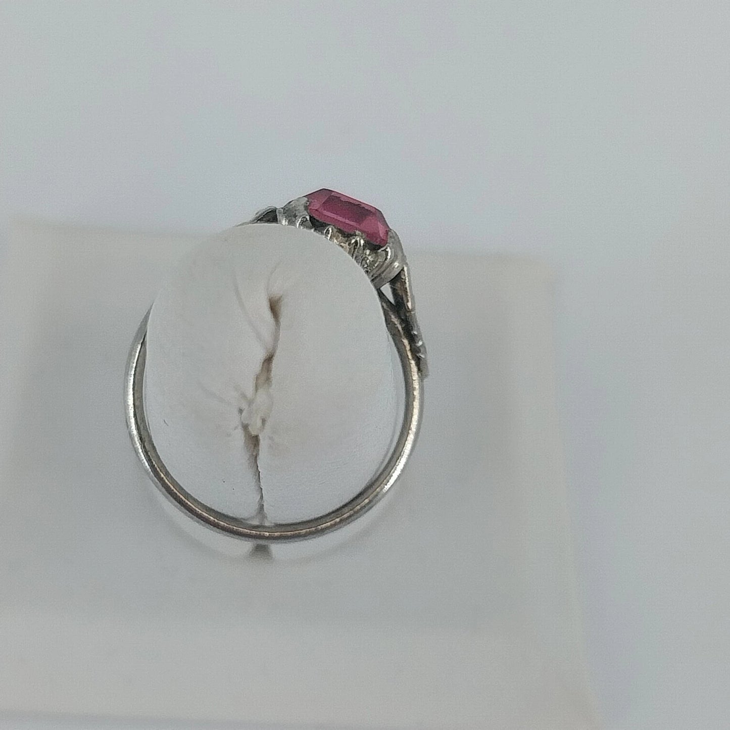 Pink Glass Emerald Cut Ring Silver Tone Art Deco Style Size 7 Fashion Vintage