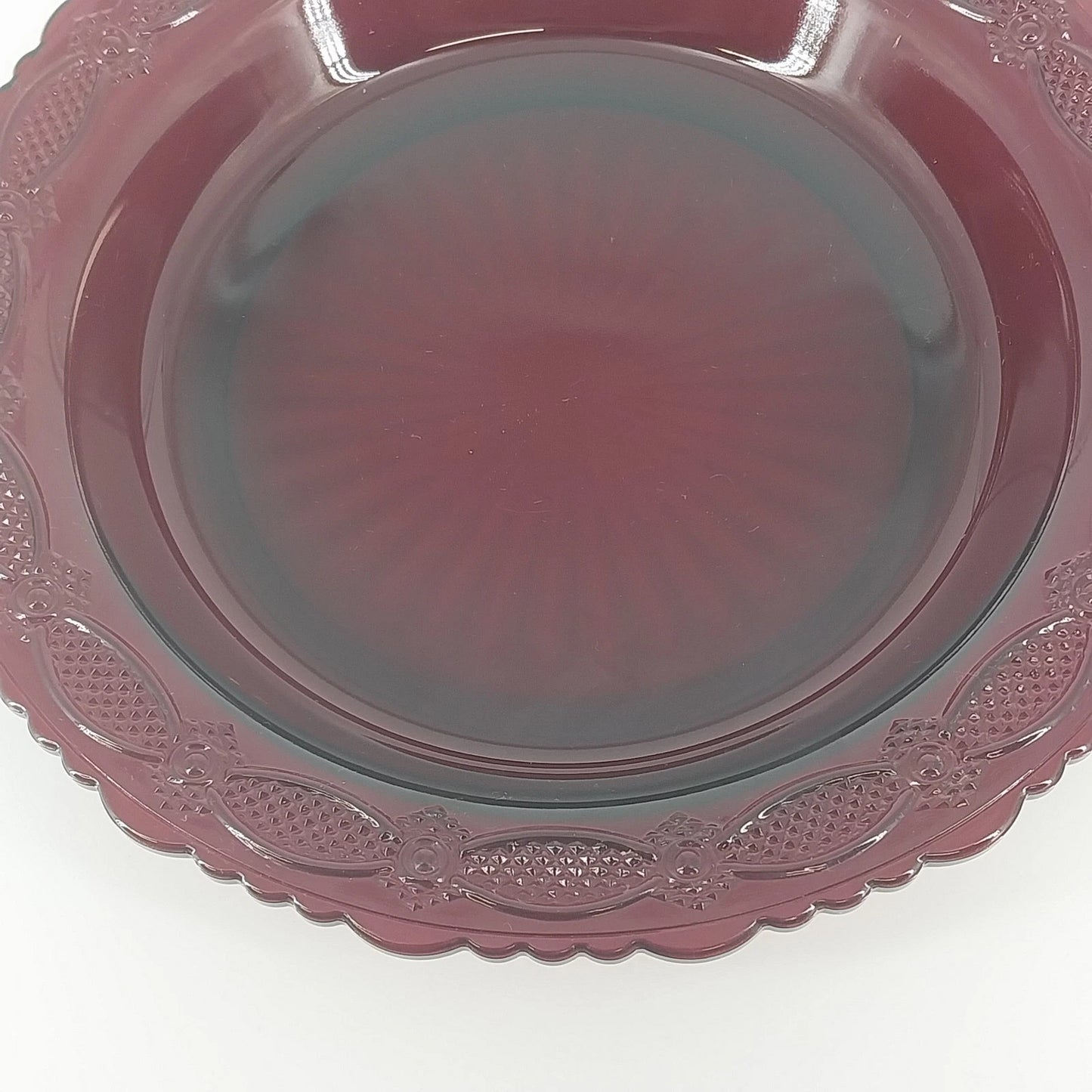 Avon Cape Cod Ruby Red Glass Pie Plate Scalloped Serving Dish 10.75" Rosette Vtg
