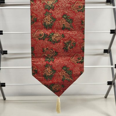 Red Table Runner Scrolled Ends White Tassels 70” x 12” Gold Motif Christmas Drum