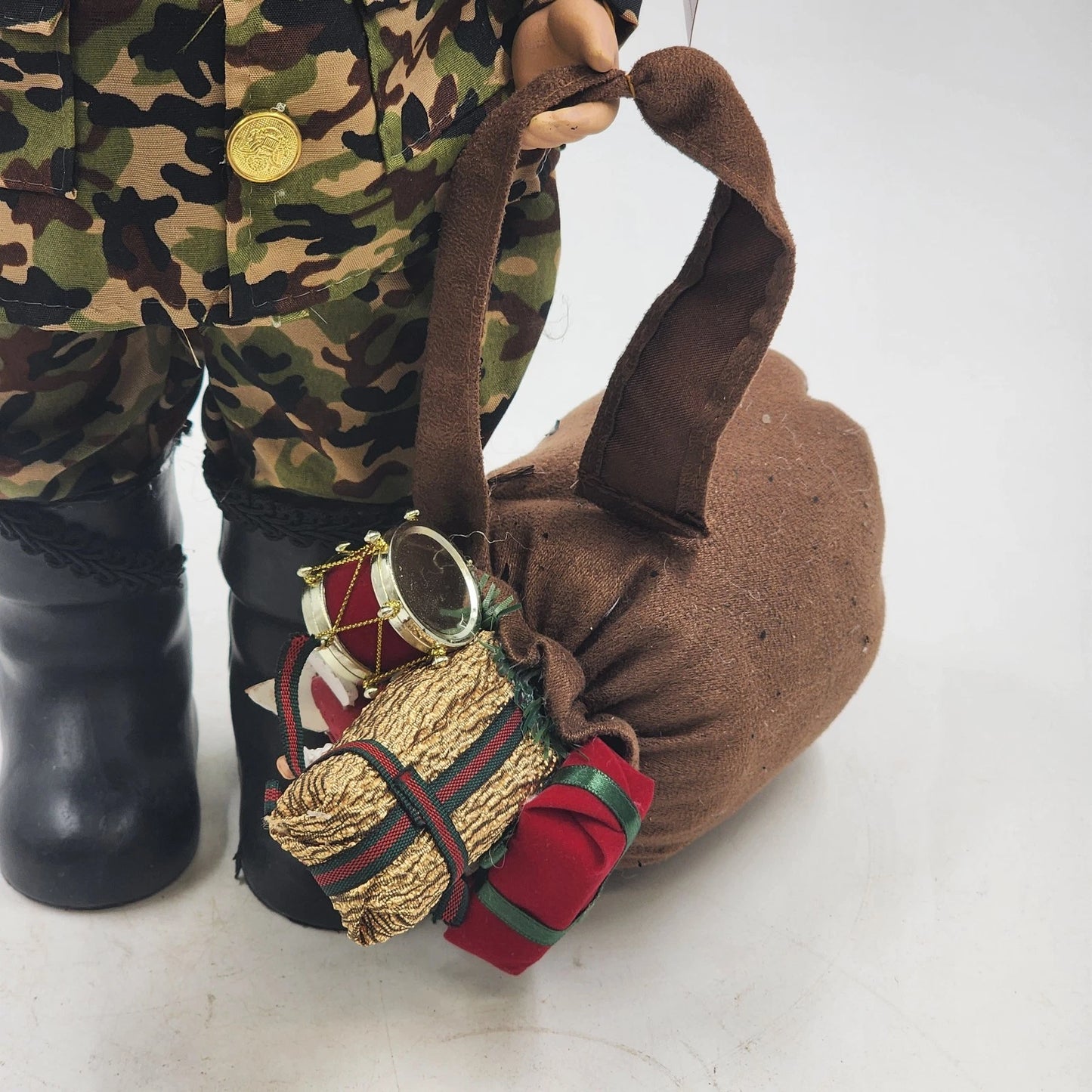 Camouflage Santa Claus Tabletop Figurine 19" Christmas US Flag Bag of Gifts NWT