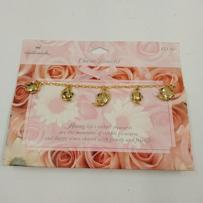 Hallmark Gold Tone Teapots Charm Dangle Bracelet 7" Toggle Closure