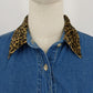 Solutions Blue Denim Shirt L Leopard Print Collar Cuffs Button Up 100% Cotton