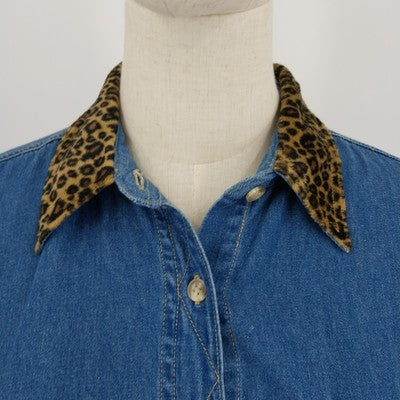 Solutions Blue Denim Shirt L Leopard Print Collar Cuffs Button Up 100% Cotton