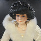 Porcelain Victorian Woman Ice Skater Doll White Faux Fur Gown Purse 21" Vintage