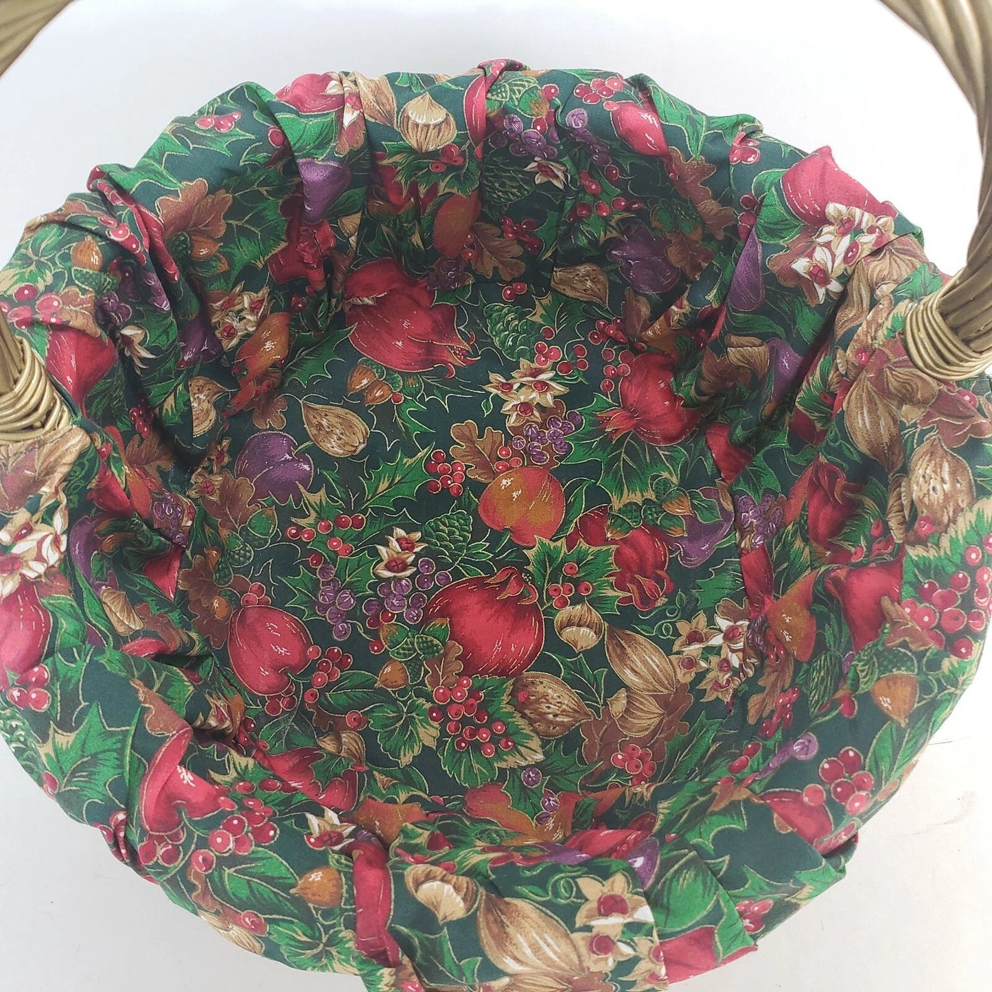 Gold Wicker Basket with Holiday Liner Christmas Fall Decor Handled Storage Oval