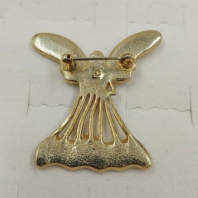 Gold Tone Open Work White Enamel Angel with Rhinestones Brooch Lapel Pin 1.5"