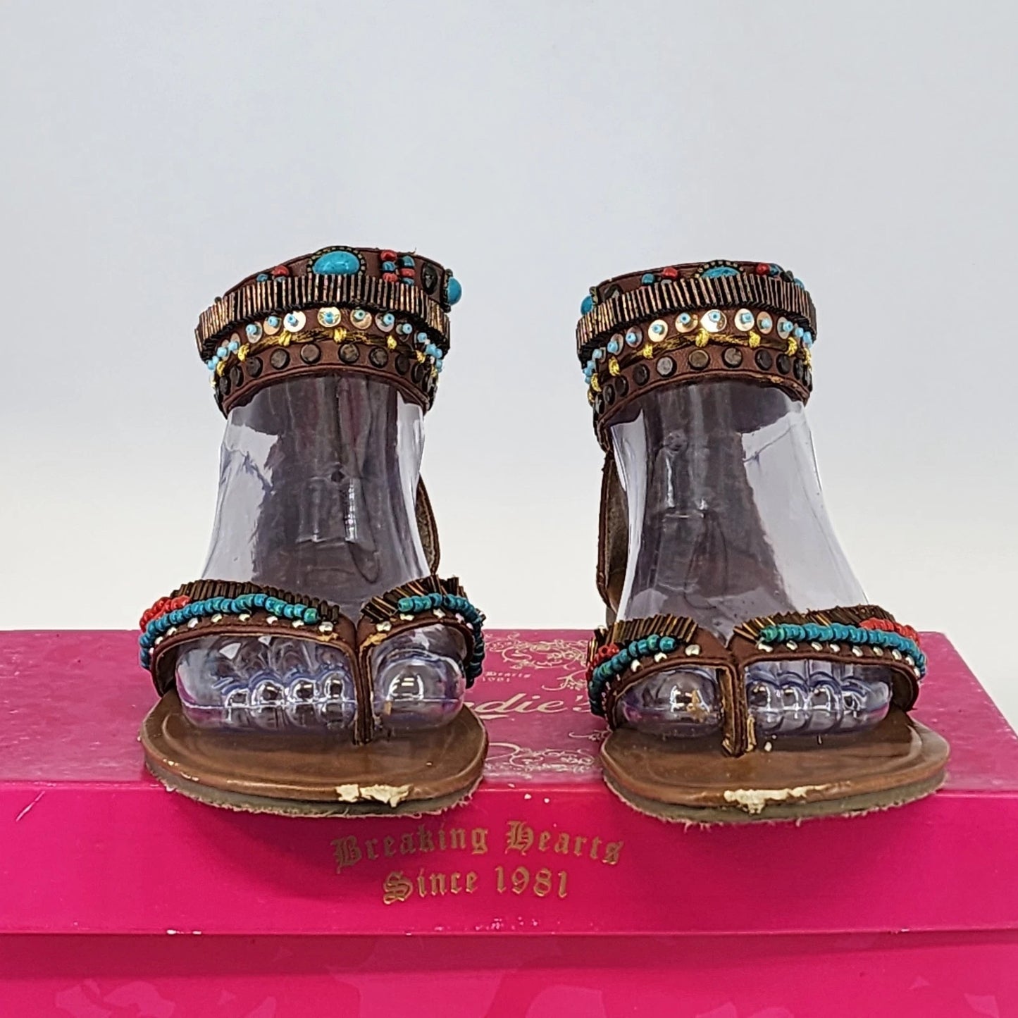 Candies Beaded Sequin Gladiator Sandals Womens 7.5 Brown Zip Boho AS IS