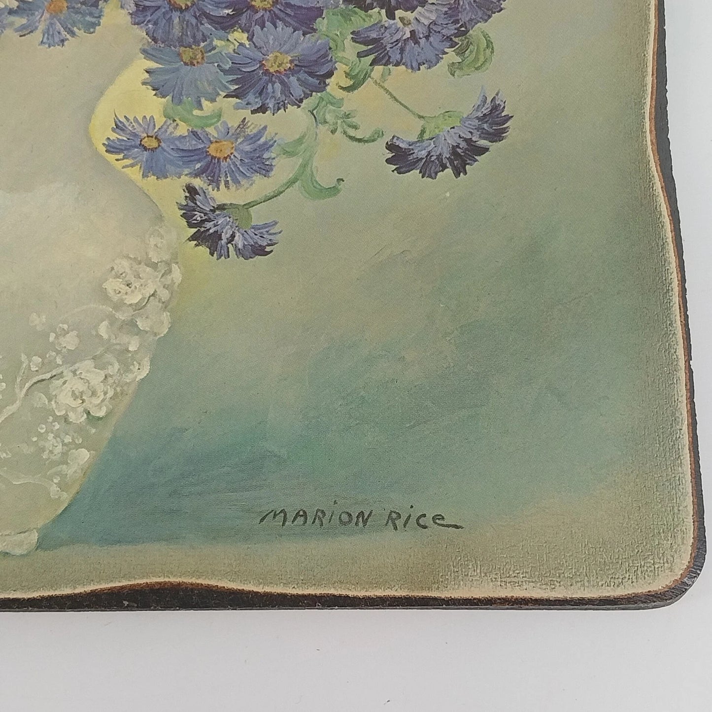 Marion Rice Floral White Vase Wood Mounted Wall Plaque 14" x 11" Vintage Vintage