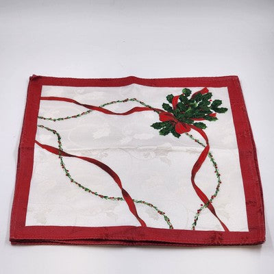 Set of 4 White Red Christmas Napkins 17x16" Holly Design Red Border Hemmed