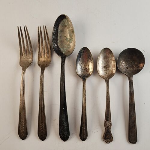 6 Various Silver Plate Flatware Pieces Vintage 2 Forks 2 Teaspoons 2 Other Spoon