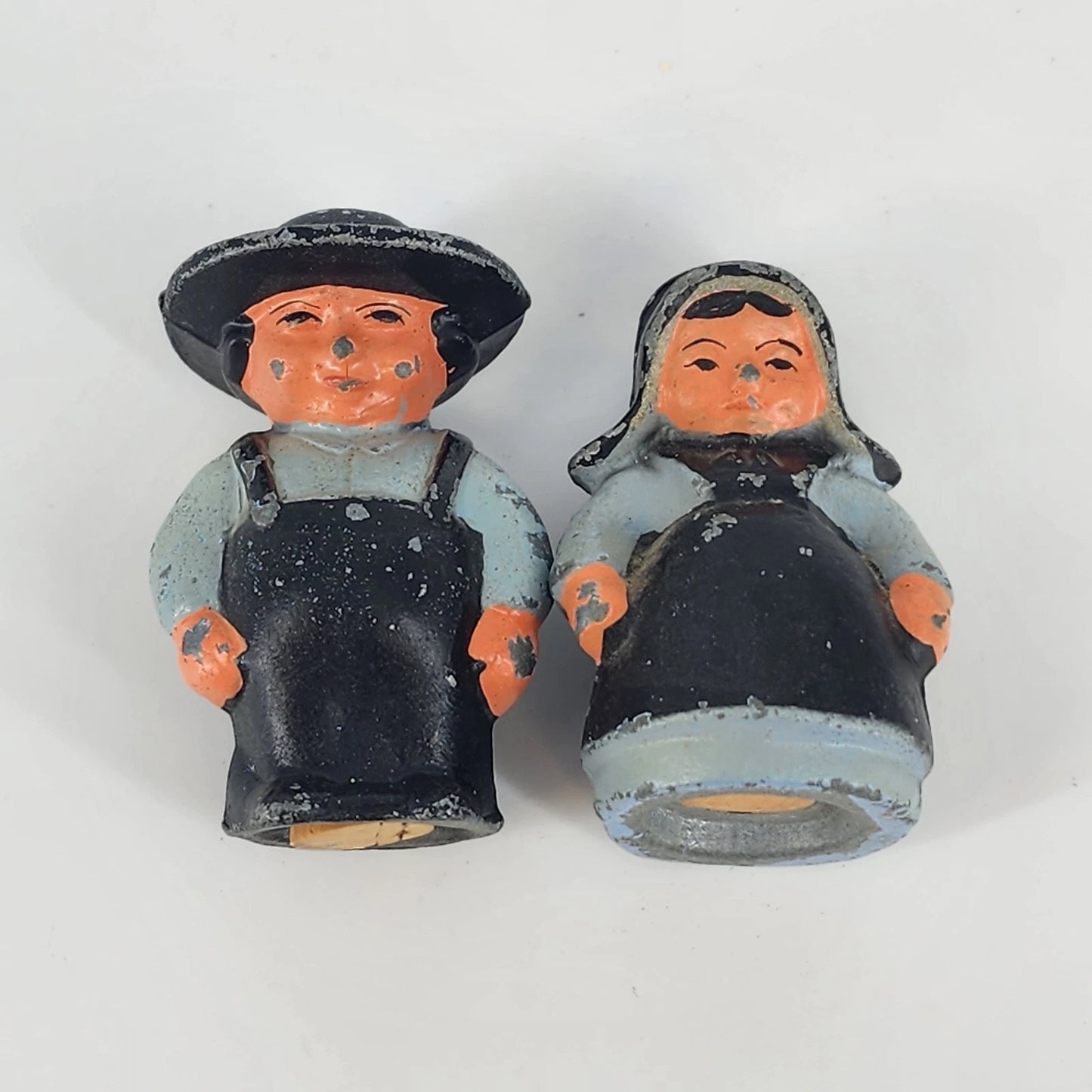 Amish Couple Salt & Pepper Shakers Cast Metal Figural Cork Stopper Country Farm