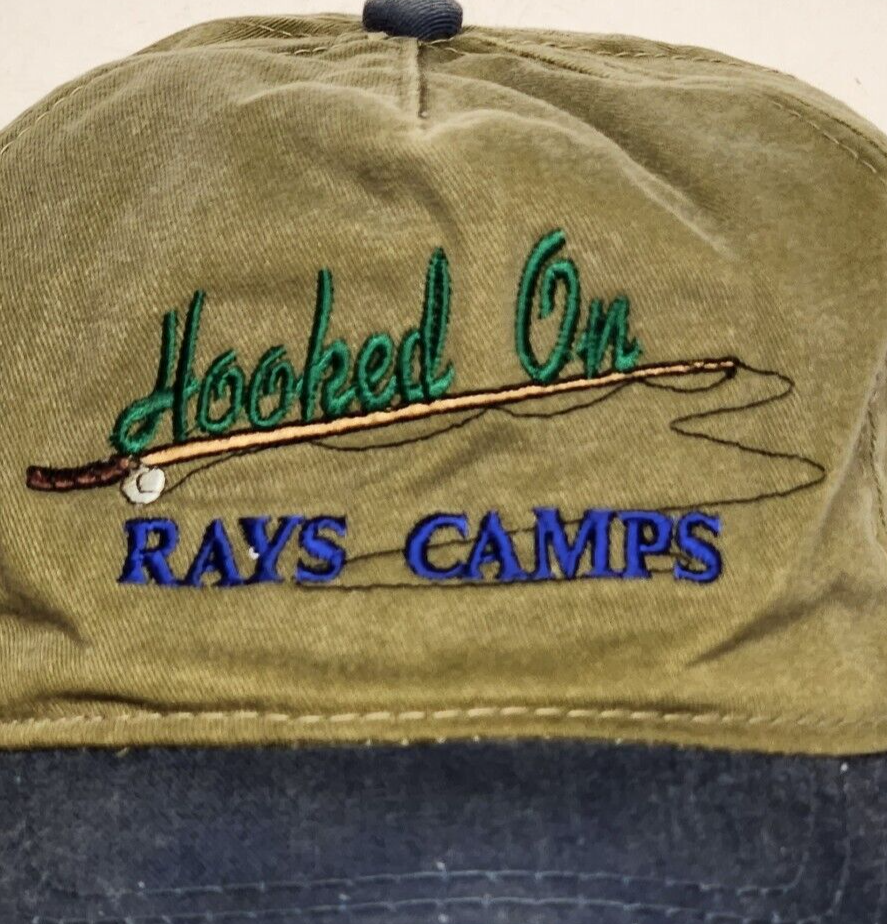 Hooked On Rays Fishing Camps Cap Green Blue Brim Hat Snapback Size Adjustment