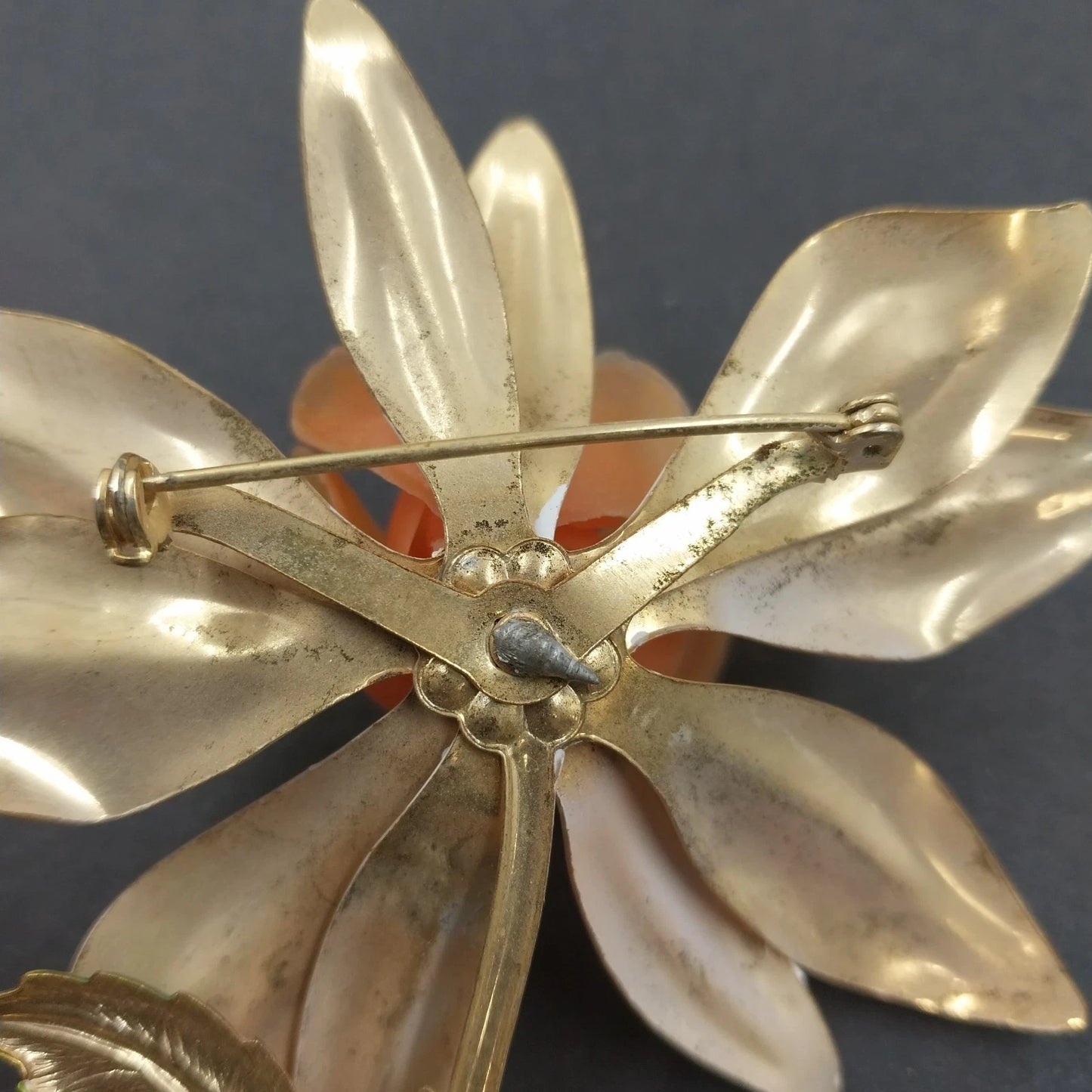Orange Fabric Rose Brooch Gold Tone Stem Green Enamel Leaves Vintage