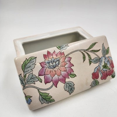 Embossed Ceramic Jewelry Box Macau Hand Painted Pink Blue Floral Design 8"x4"x4"