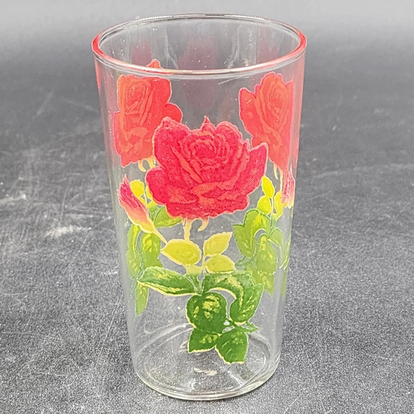 2 Stemmed Red Rose Tumbler Glasses w Green and Yellow Leaves 8 oz Vintage Rare