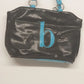 Fashion Express Black Faux Leather Tote Bag Blue Strap Zip Top