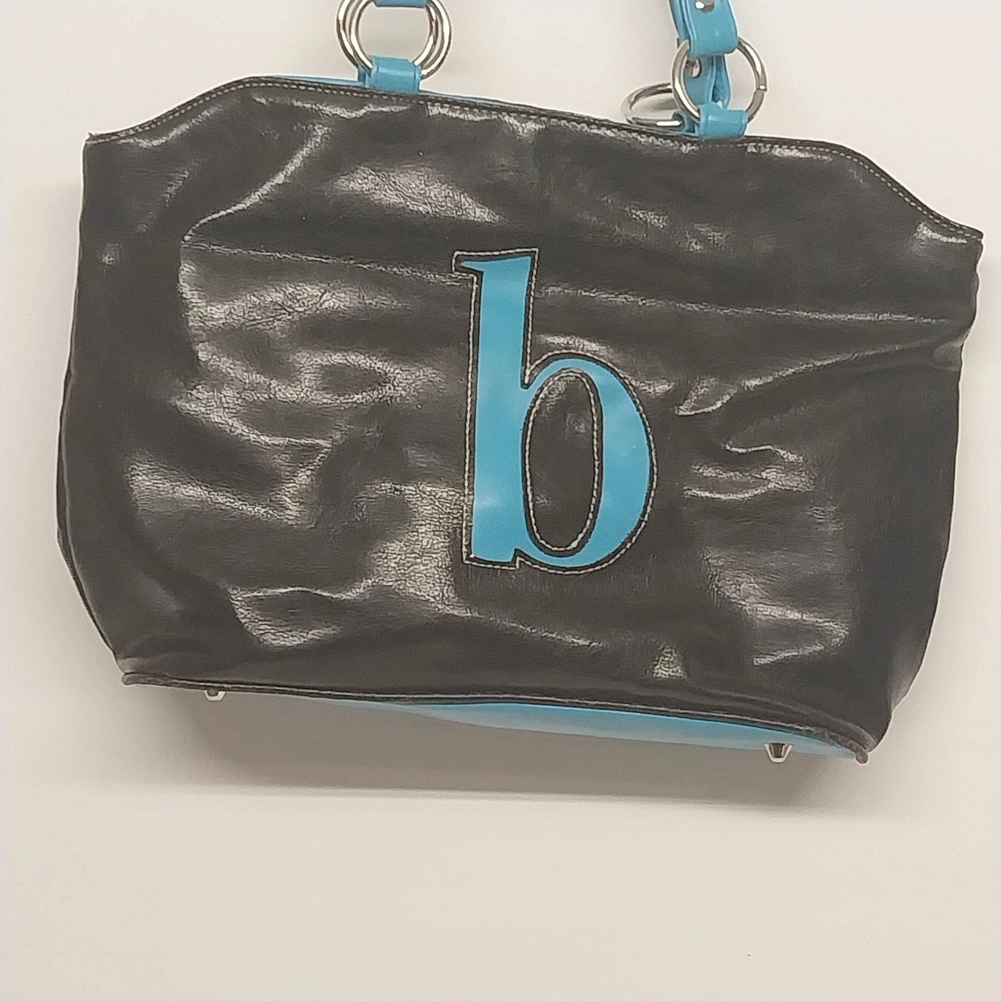 Fashion Express Black Faux Leather Tote Bag Blue Strap Zip Top