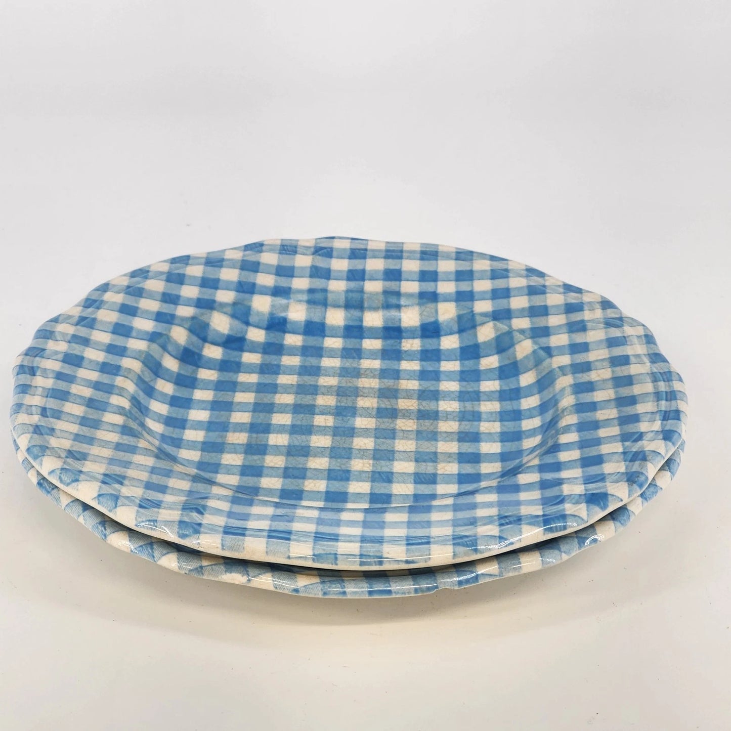 2 Linda Ironstone 4008 Salad Plates Blue White Gingham 7.5" Japan Crazing
