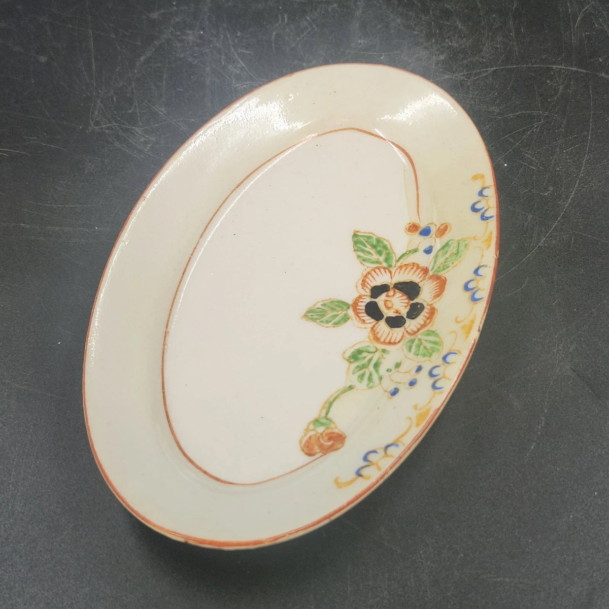 Porcelain Oval Serving Dish Plate 6" Hand Painted Floral Orange Trim Japan