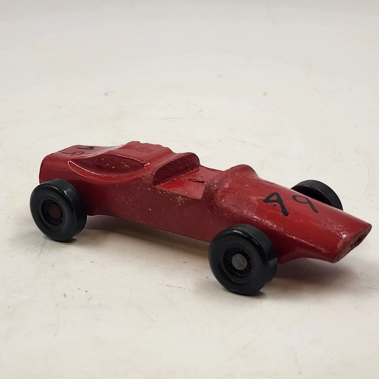 Pinewood Derby Car No 49 Red Handmade Wood Racer Vehicle w/ Winner Ribbon 1975