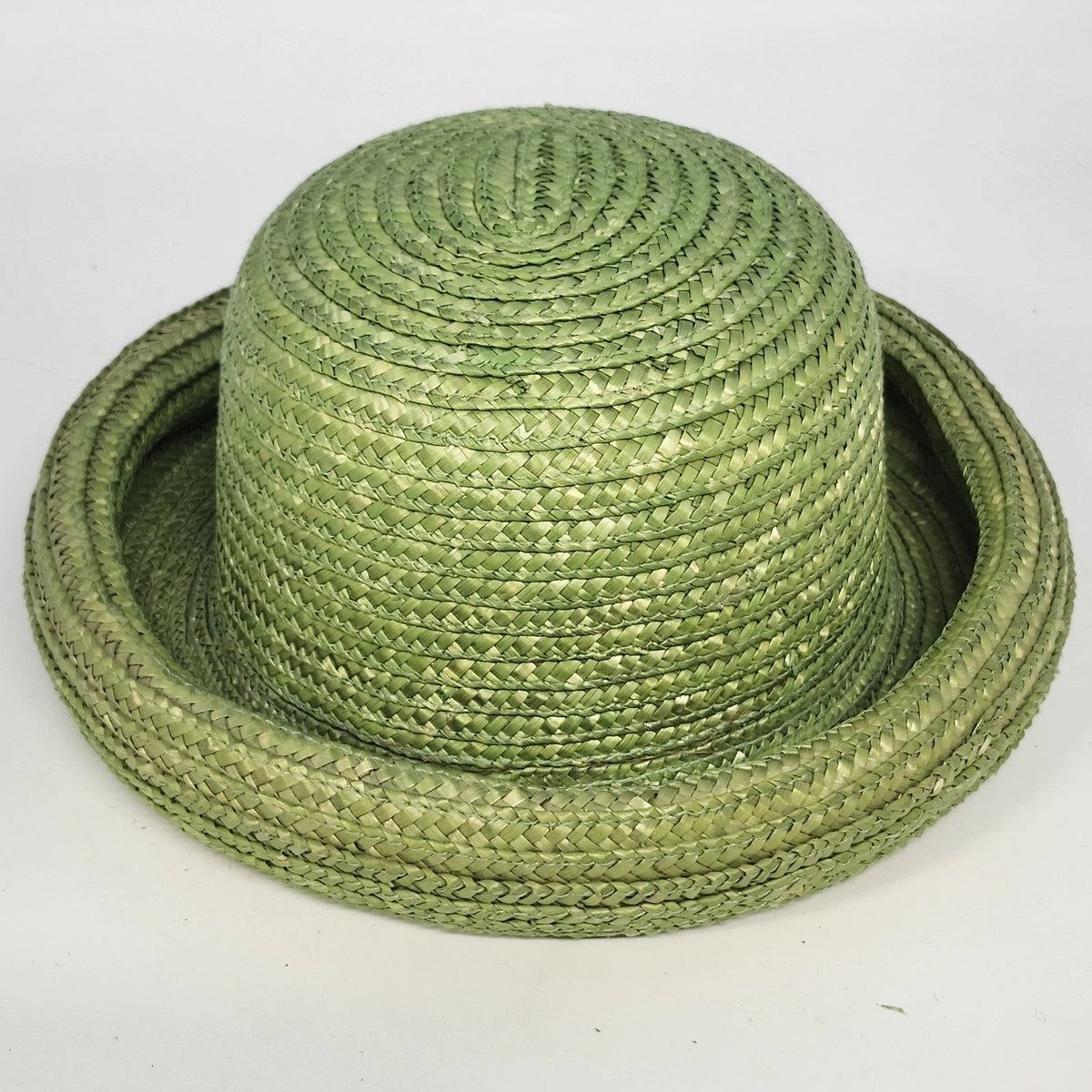 Green Natural Straw Sun Hat Women Rolled Brim Braided Round Crown Summer Garden