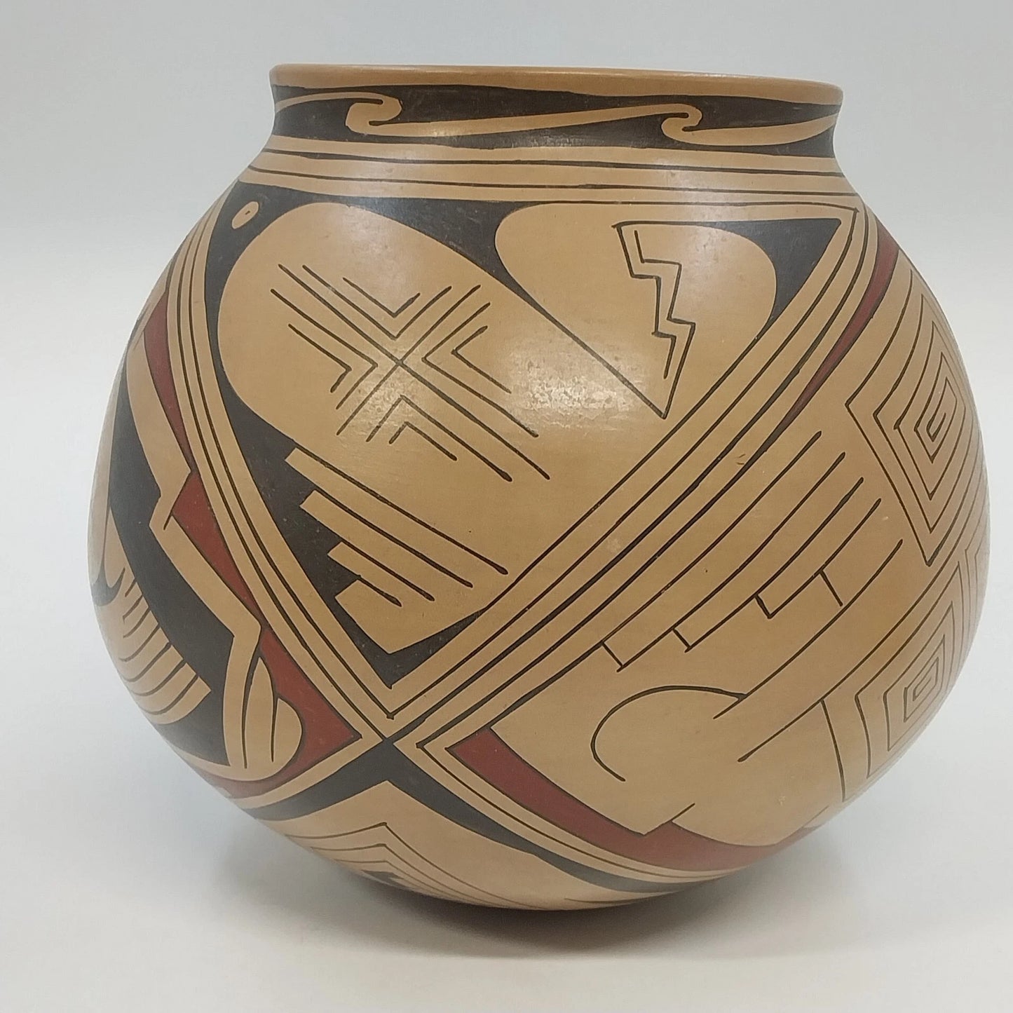 Handmade Mexican Pottery Bowl Geometric Bird Motif Tan Black Red 7" Round Bottom