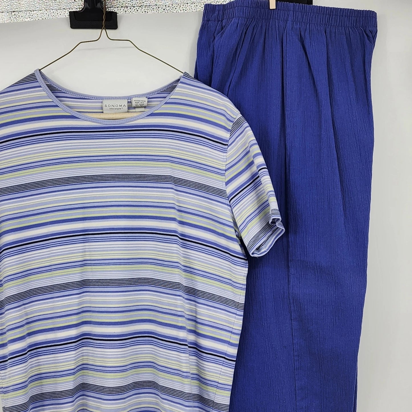 Sonoma Life Style 2 Pc Set Women's L Striped Top Blue Pants Cotton Loungewear