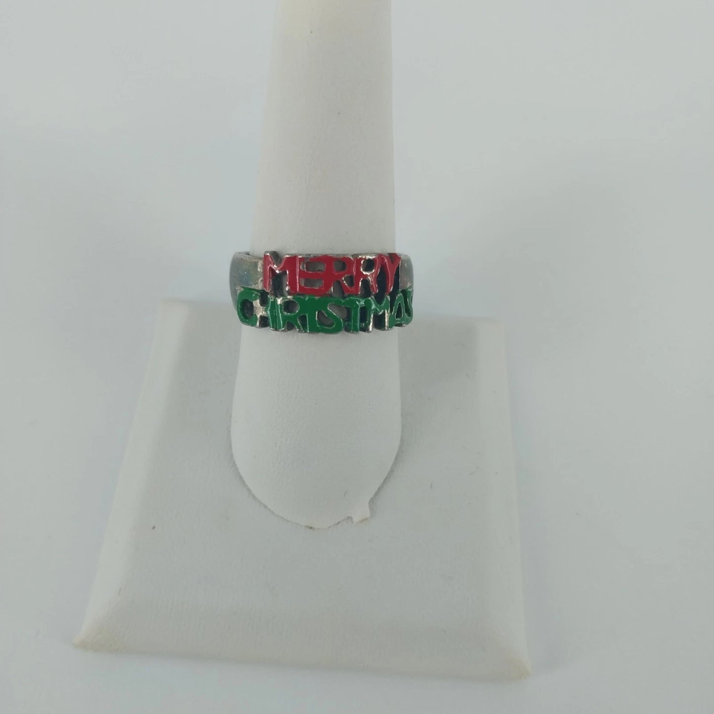 Merry Christmas Enamel Ring Red Green Silver Tone Band Size 9 Vintage Holiday