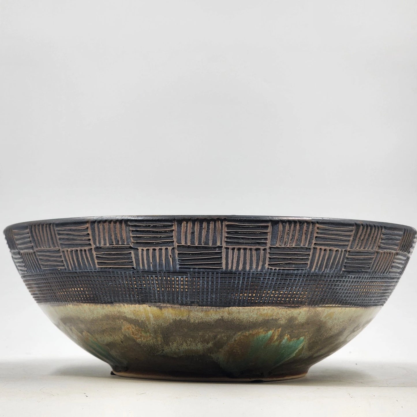 Ochre Green Glazed Pottery Bowl Basket Weave Outer Design Ceramic Lusterware 12"