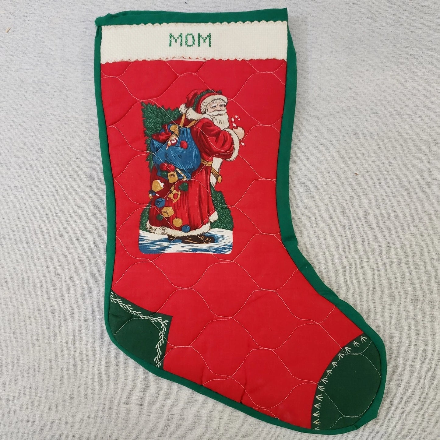 Christmas Stockings Santa Designs Quilted Mom & Dad Monogrammed Red & Green Vtg