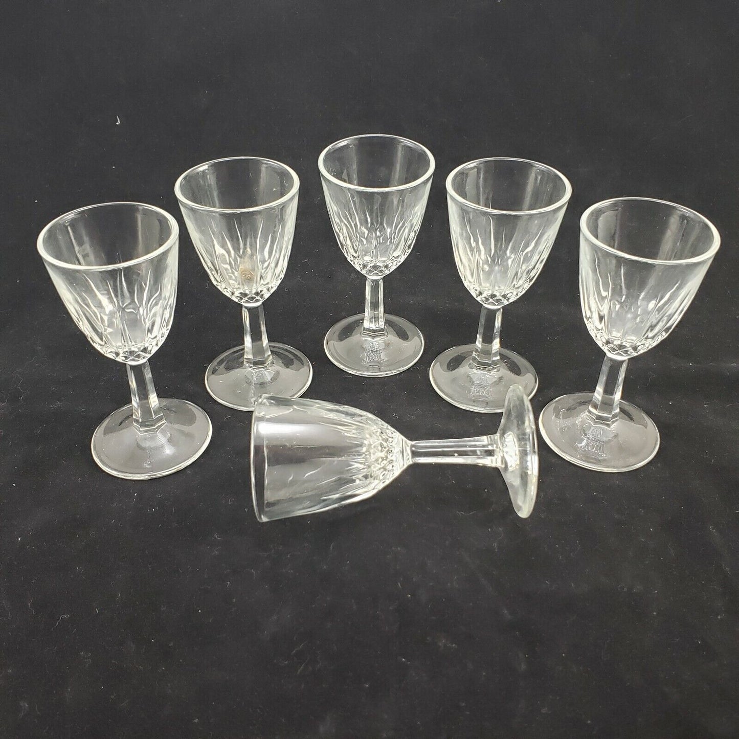 6 Pressed Glass Stemware Shot Cordial Drink Barware Vintage Clear Glasses 3½" H