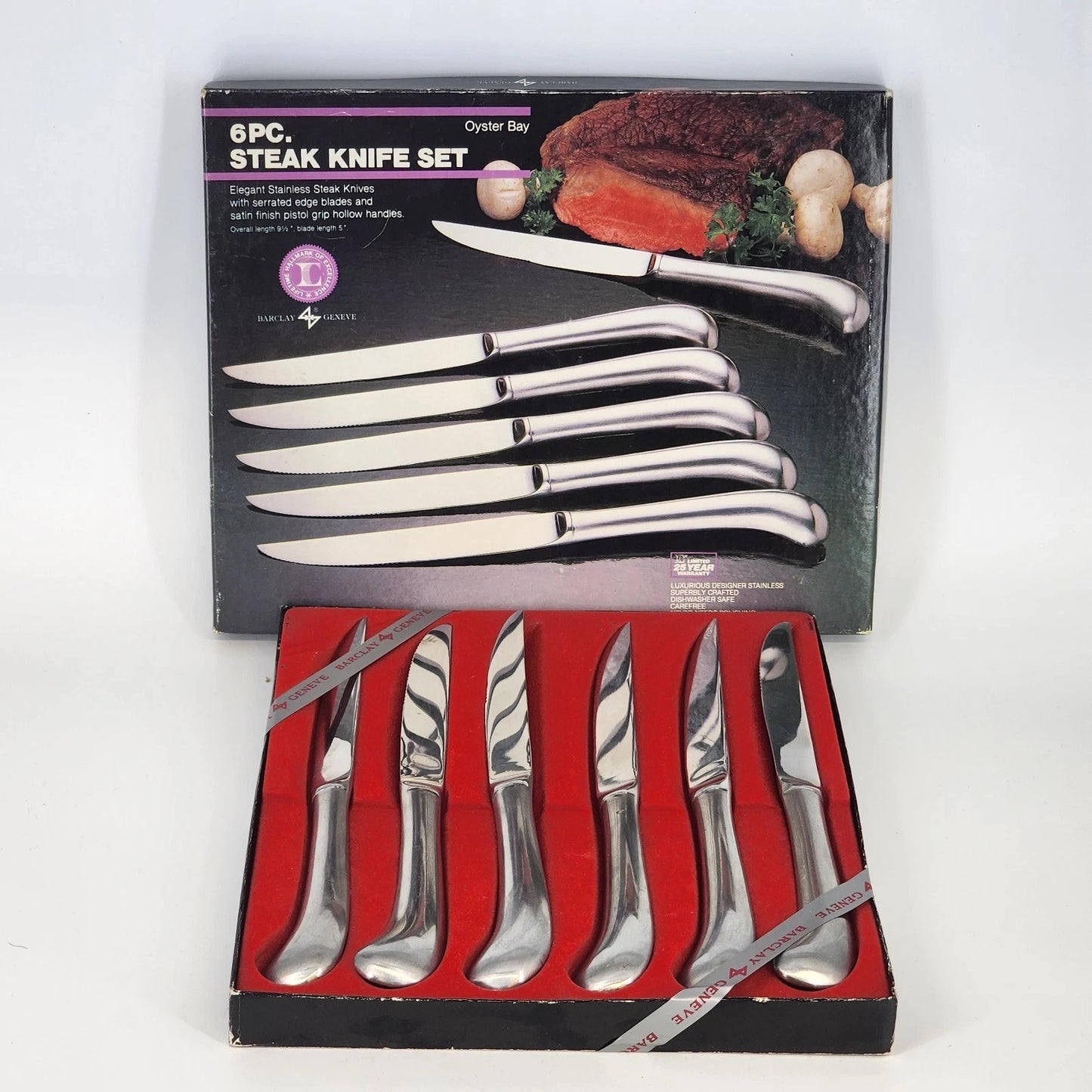 Barclay Geneve 6-Piece Steak Knife Set Oyster Bay Pistol Grip Stainless w Box