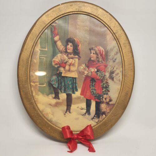 Frances Isabella Brundage Oval Print 2 Girls Gifts Wreath Christmas Framed Wood