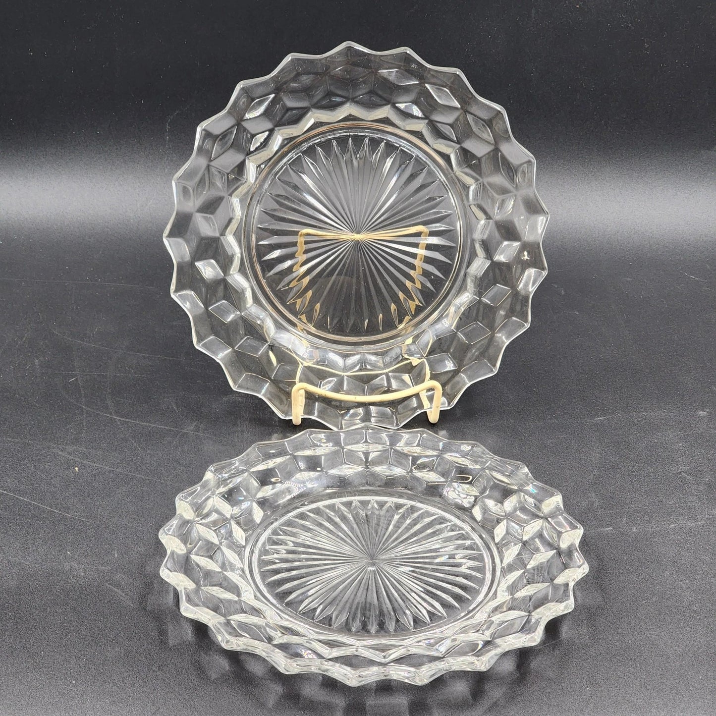 2 Fostoria American Clear Dinner Plates 9.5" Cubist Design Pressed Glass Vintage