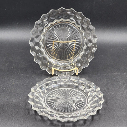 2 Fostoria American Clear Dinner Plates 9.5" Cubist Design Pressed Glass Vintage