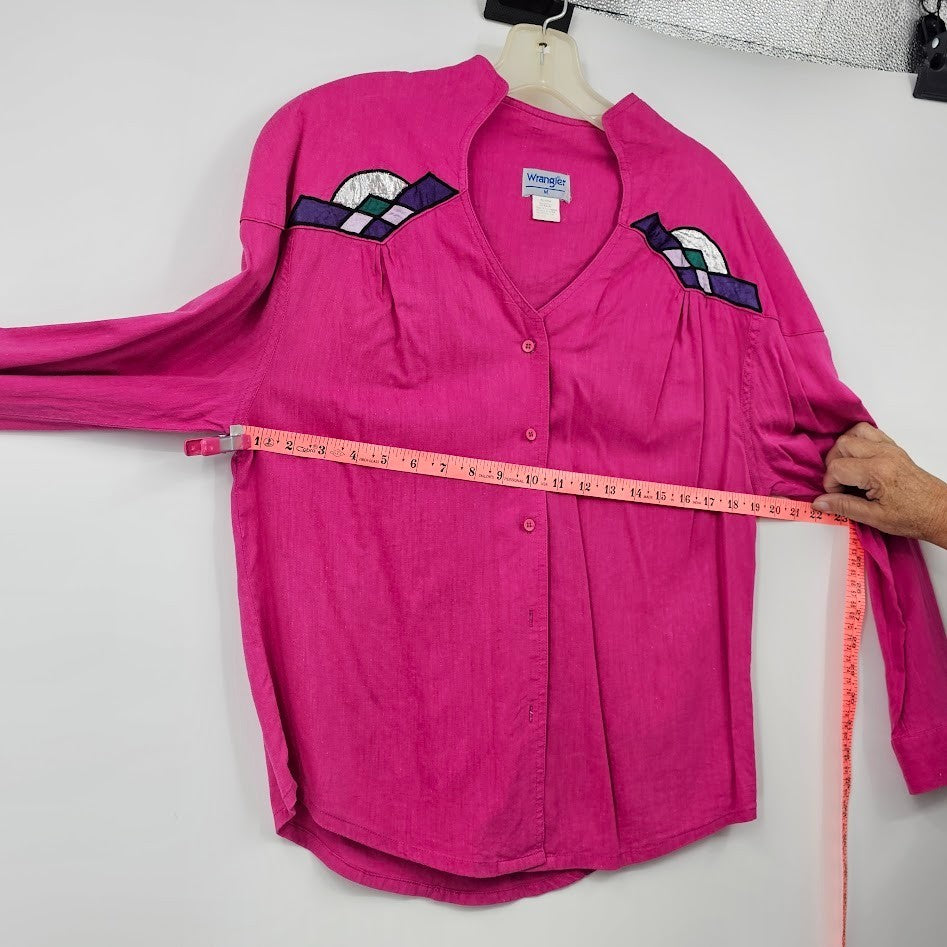 Wrangler Women’s Medium Pink Western Blouse Button Front Applique 90s Cowgirl Rodeo Shirt