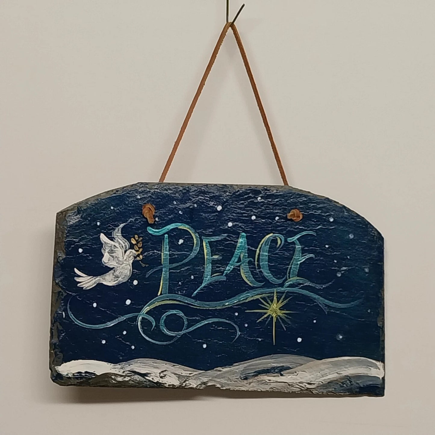 Hand Painted Slate Peace Plaque Dove Star Wall Decor 10.5" Leather Hanger