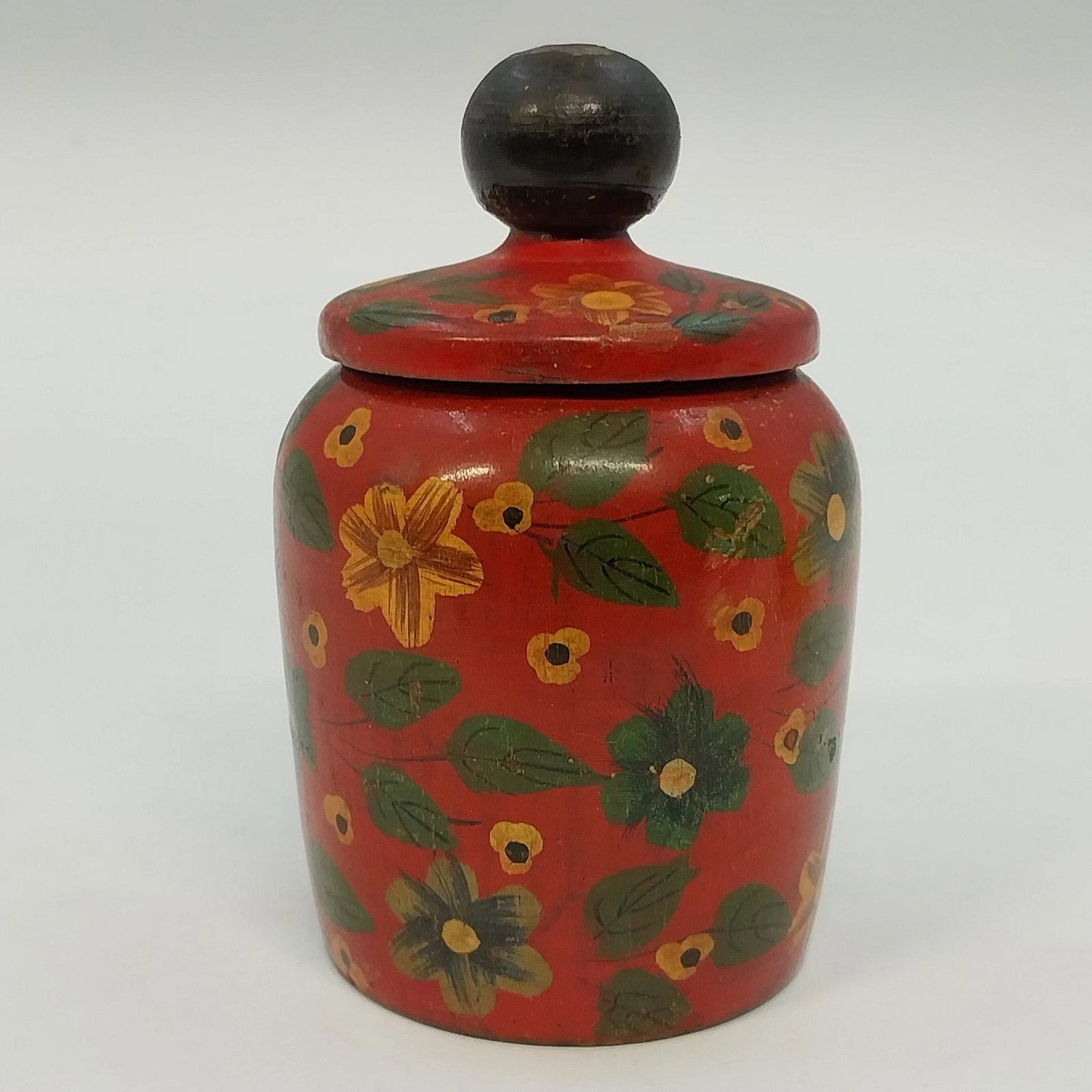 Pier 1 Hand Painted Wood Lidded Decorative Jar Red Floral India 4”