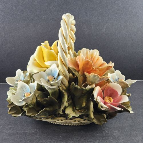 Capodimonte Porcelain Flower Basket Ardalt 4405 Yellow Pink Blue Italy Vintage