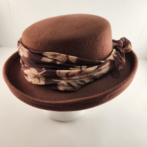 Arlin Brown 100% Wool Hat Church Derby with Leaf Print Scarf Hatband Vintage